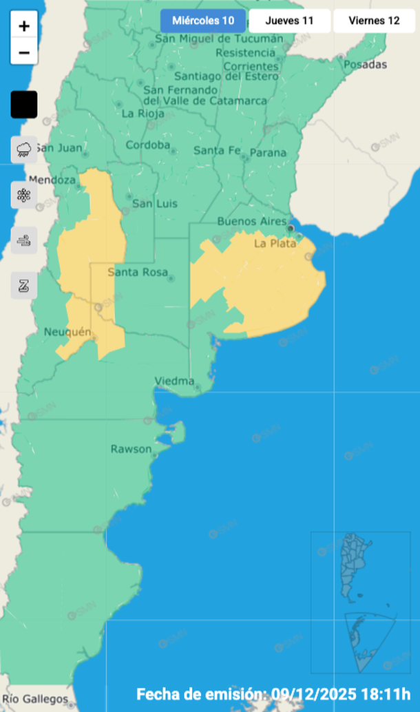 Alerta por tormentas y granizo en Buenos Aires y otras provincias. Fuente: Servicio Meteorológico Nacional. 