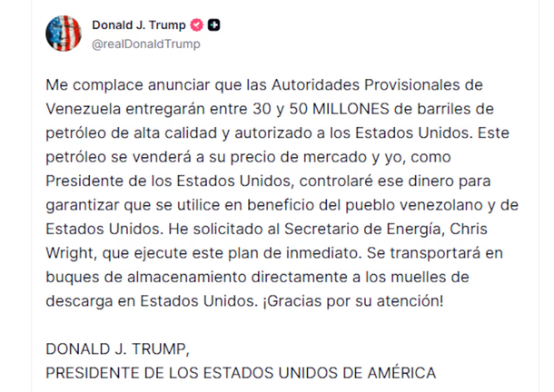 La publicaci&oacute;n de Donald Trump sobre el petr&oacute;leo de Venezuela.
