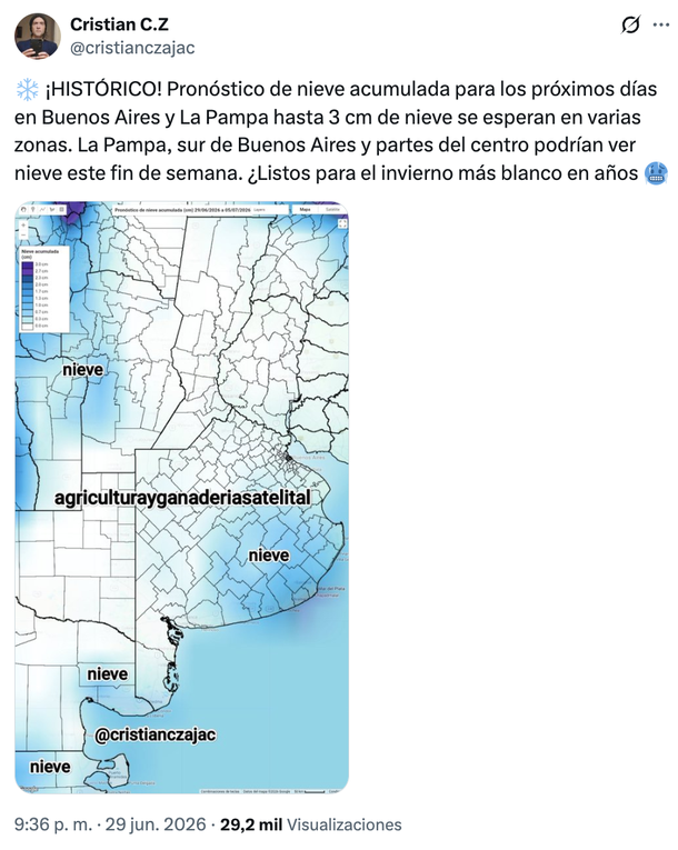 Pronostican 3 centímetros de nieve acumulada en Buenos Aires. Pronostican 3 centímetros de nieve acumulada en Buenos Aires.