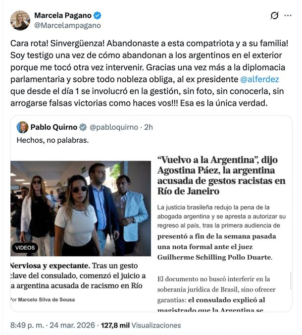 El tuit de Marcela Pagano contra Pablo Quirno tras la confirmación de que Agostina Páez será liberada en Brasil.