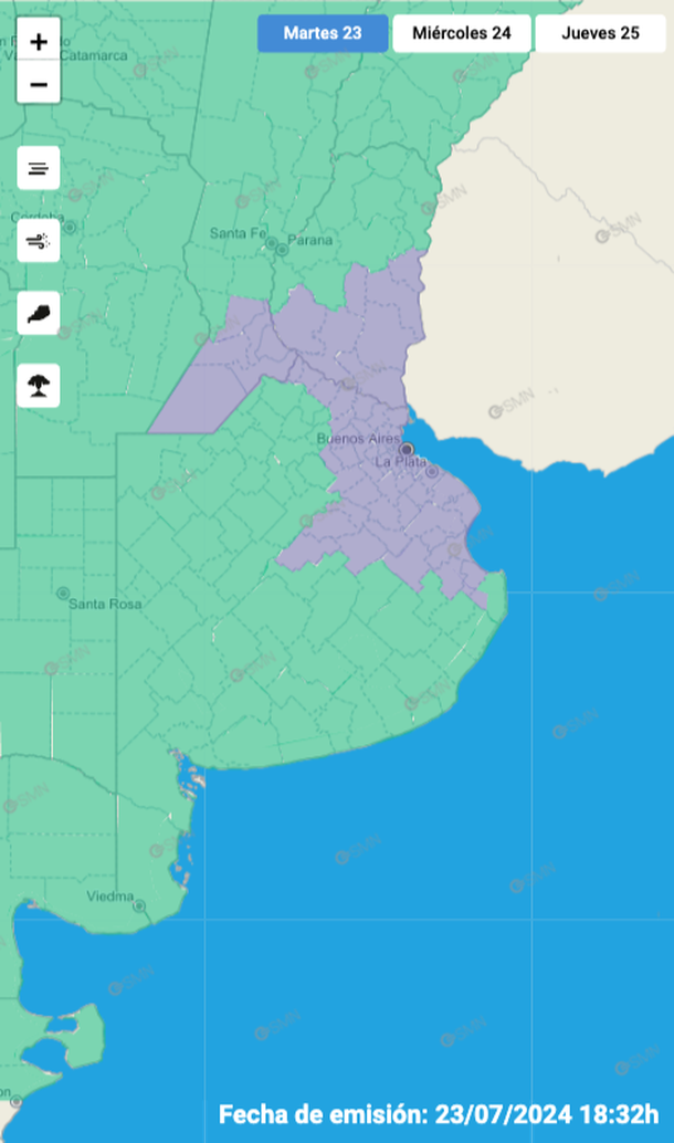 La advertencia violeta por niebla en Buenos Aires y otras provincias. Fuente: Servicio Meteorológico Nacional. La advertencia violeta por niebla en Buenos Aires y otras provincias. Fuente: Servicio Meteorológico Nacional.