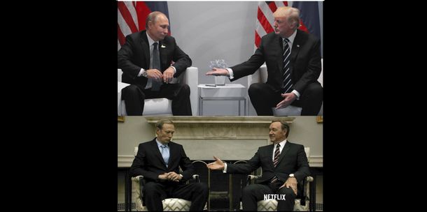 Vladimir Putin y Donald Trump arriba y Frank Underwood con su par ruso abajo.