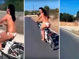 Salió en bici en topless y terminó en el suelo