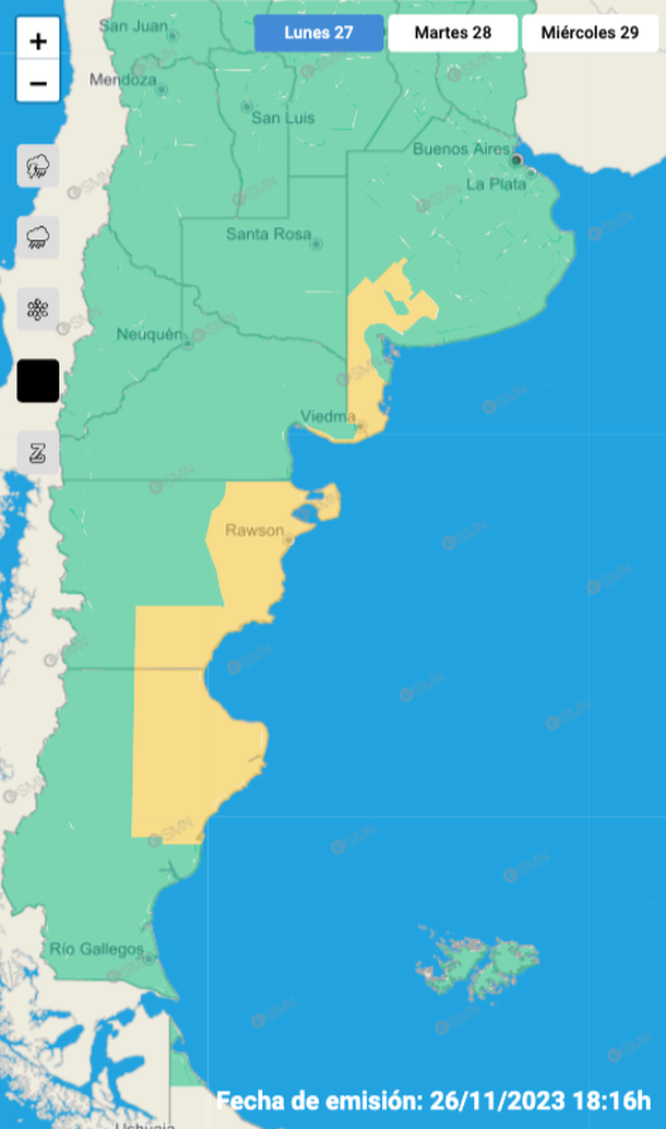 Mapa de alerta por viento en Buenos Aires y otras tres provincias. Fuente: Servicio Meteorol&oacute;gico Nacional.