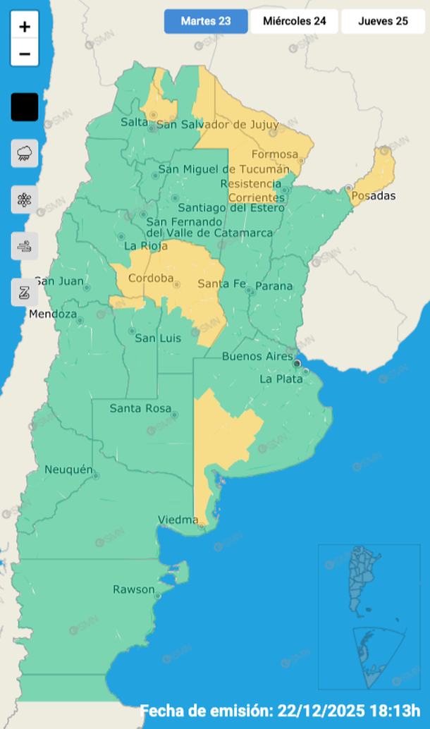 Buenos Aires y otras zonas afectadas por tormentas y granizo para este martes. Fuente: Servicio Meteorol&oacute;gico Nacional.