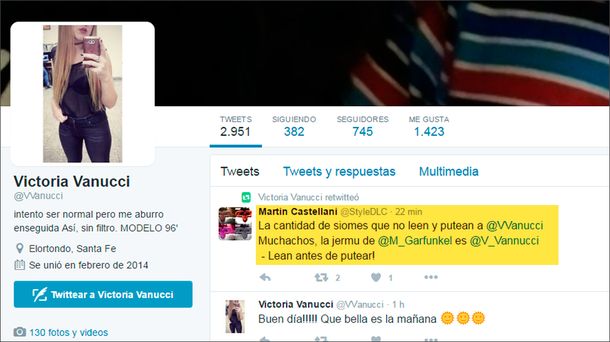 La confundieron en Twitter con Vanucci y le llueven insultos.