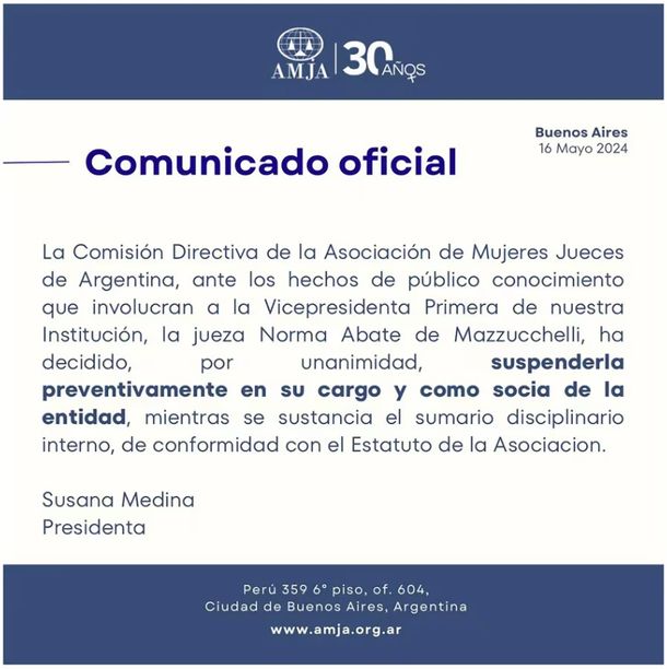 El comunicado de la Asociación de Mujeres Jueces de Argentina sobre la jueza Norma Abate de Mazzucchelli