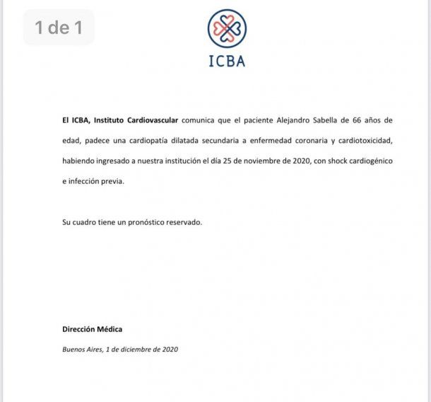 El parte médico sobre la salud del ex entrenador de la Selección Argentina, Alejandro Sabella. 