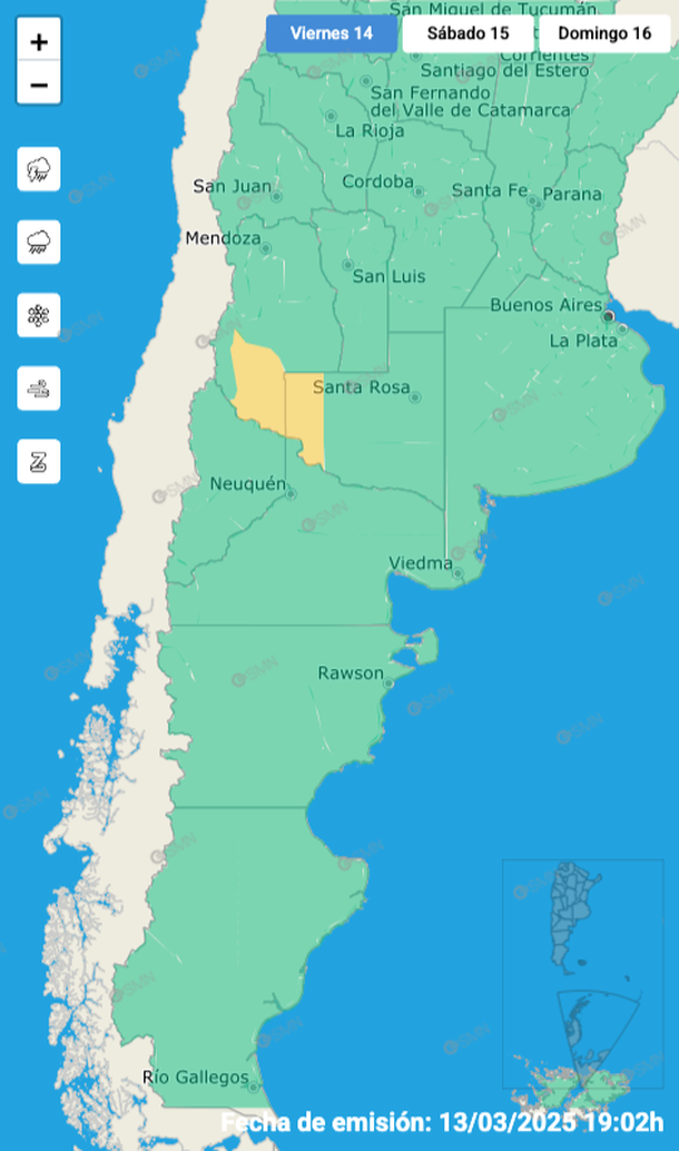 Alerta por tormentas fuertes y granizo en zonas de Mendoza y La Pampa. Fuente: Servicio Meteorológico Nacional. Alerta por tormentas fuertes y granizo en zonas de Mendoza y La Pampa. Fuente: Servicio Meteorológico Nacional.