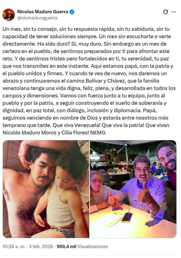 El hijo de Nicolás Maduro le envió su apoyo a un mes del secuestro: Con la patria y el pueblo unidos