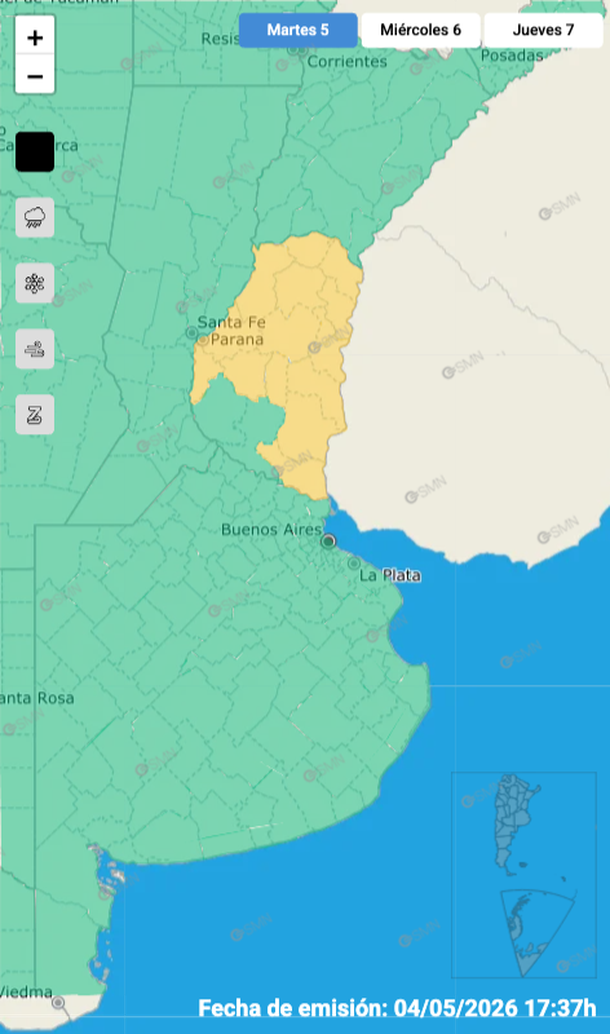 Alerta meteorológica por tormentas con granizo para zonas de Entre Ríos. Fuente: Servicio Meteorológico Nacional. Alerta meteorológica por tormentas con granizo para zonas de Entre Ríos. Fuente: Servicio Meteorológico Nacional.