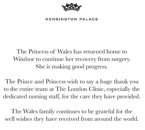 El comunicado del Palacio de Kensington sobre la salud de Kate Middleton El comunicado del Palacio de Kensington sobre la salud de Kate Middleton