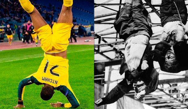 Conmovedor festejo antifascista de Olivier Ntcham en la Europa League: simuló a Mussolini colgado