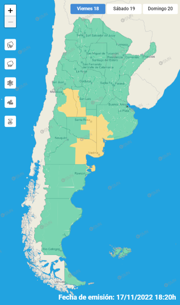 Mapa de alertas por tormentas y granizo en Buenos Aires, Chubut, La Pampa, Mendoza, Río Negro y San Luis. Fuente: Servicio Meteorológico Nacional.