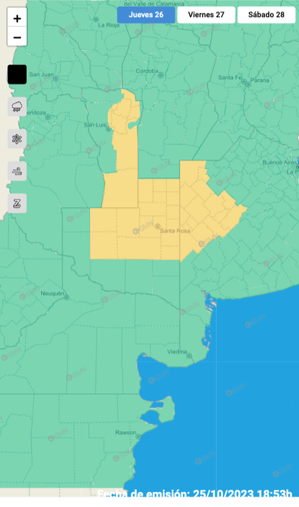 Mapa alertas por tormentas y granizo en Buenos Aires, San Luis y La Pampa. Fuente: Servicio Meteorológico Nacional. Mapa alertas por tormentas y granizo en Buenos Aires, San Luis y La Pampa. Fuente: Servicio Meteorológico Nacional.