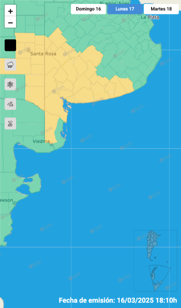 Rige un nuevo alerta por tormentas fuertes y granizo para este lunes en Bahía Blanca. Fuente: Servicio Meteorológico Nacional.