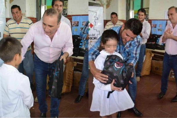 Intendente reparte mochilas a niños con dibujos de marihuana