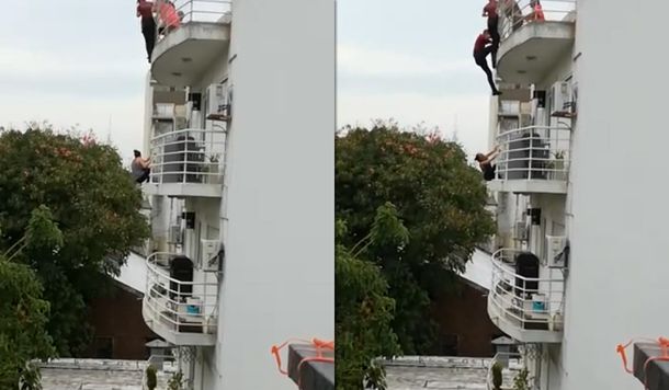 VIDEO: Dramático rescate de una mujer que intentó tirarse de un balcón en Parque Chas