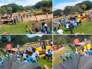 Con un tractor, una universidad reprimió una protesta de sus alumnos.