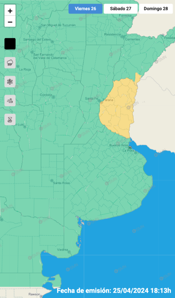 Alerta por tormentas fuertes y granizo en dos provincias. Fuente: Servicio Meteorológico Nacional. Alerta por tormentas fuertes y granizo en dos provincias. Fuente: Servicio Meteorológico Nacional.