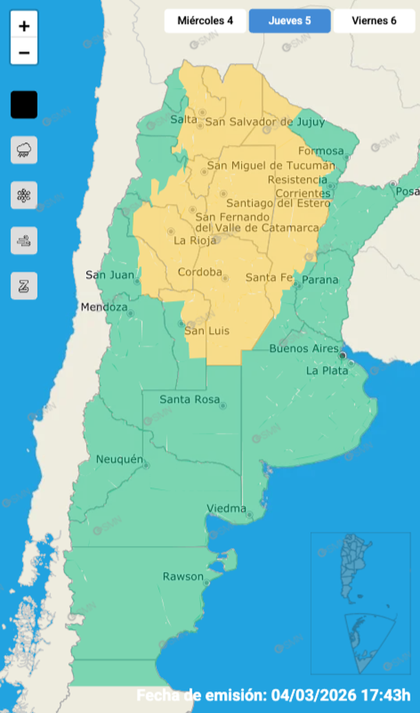 Mapa del alerta por tormentas fuertes con granizo para este jueves. Fuente: Servicio Meteorol&oacute;gico Nacional.