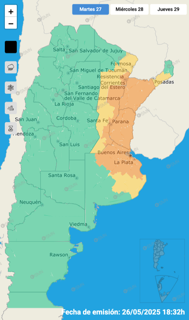 Alerta por tormentas y granizo en el AMBA y otras seis provincias. Fuente: Servicio Meteorol&oacute;gico Nacional.