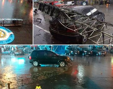 Cayó sobre un auto el arco de ingreso a Ramos