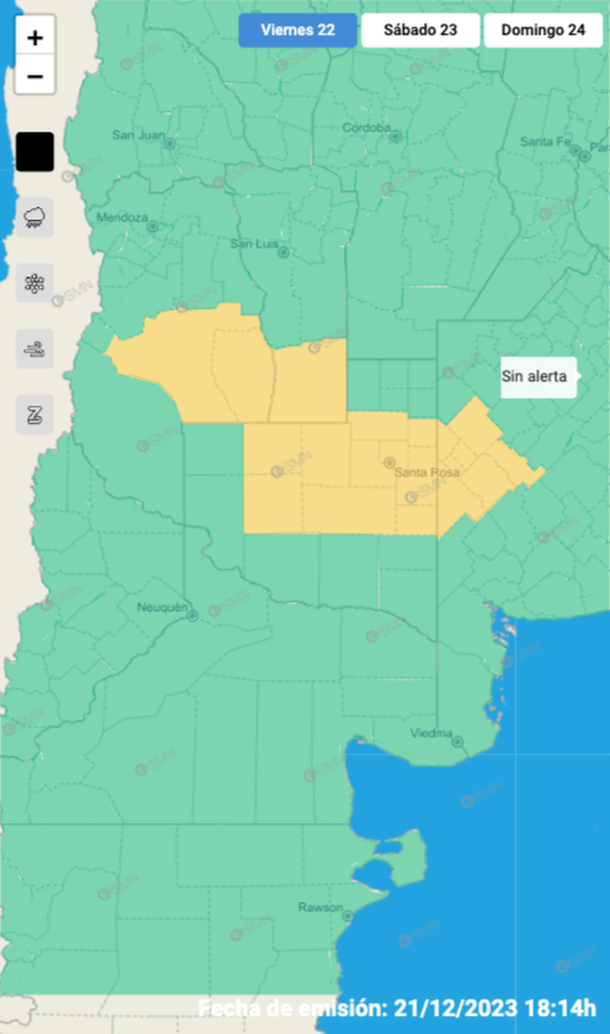 Mapa de alertas por tormentas y granizo en Buenos Aires y tres provincias. Fuente: Servicio Meteorológico Nacional. Mapa de alertas por tormentas y granizo en Buenos Aires y tres provincias. Fuente: Servicio Meteorológico Nacional. 