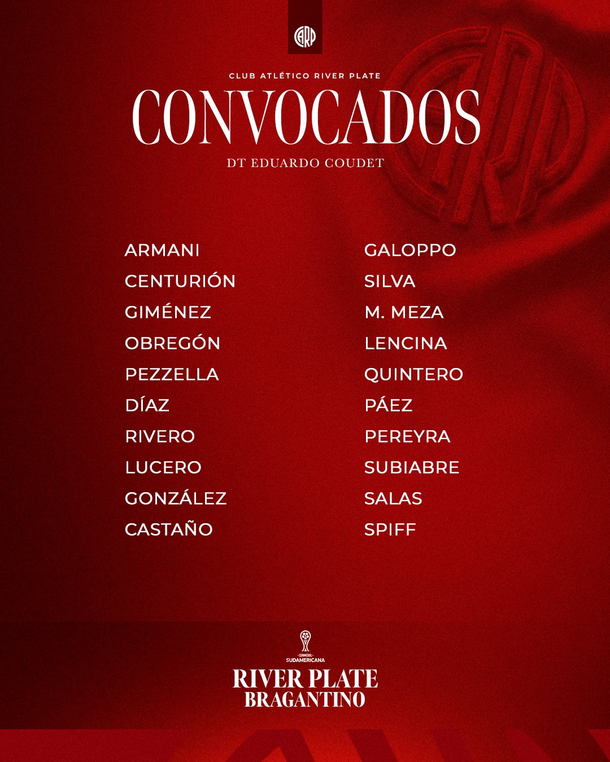 La lista de convocados de River para recibir a Bragantino por la Copa Sudamericana. La lista de convocados de River para recibir a Bragantino por la Copa Sudamericana.