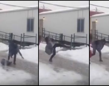 VIDEO: casi se mata por el piso congelado