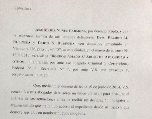 Qué dice el escrito presentado a Lijo por Núñez Carmona