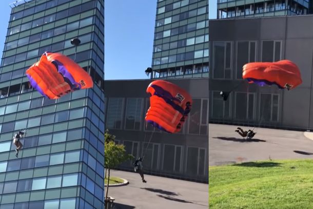 VIDEO: Saltó desde un edificio en paracaídas y se rompió las piernas