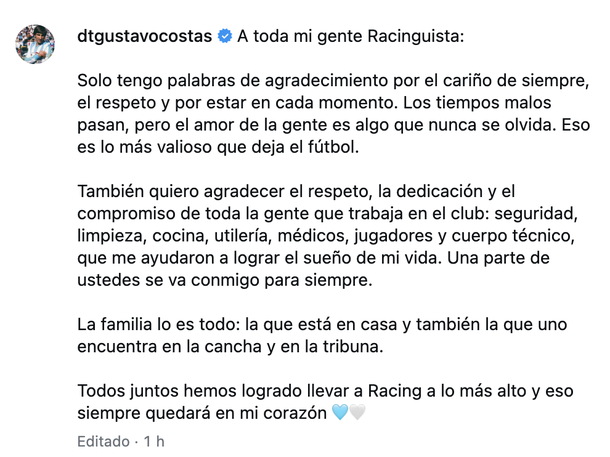 Emotiva despedida de Gustavo Costas en Racing, con sutil omisión a la dirigencia. Emotiva despedida de Gustavo Costas en Racing, con sutil omisión a la dirigencia.
