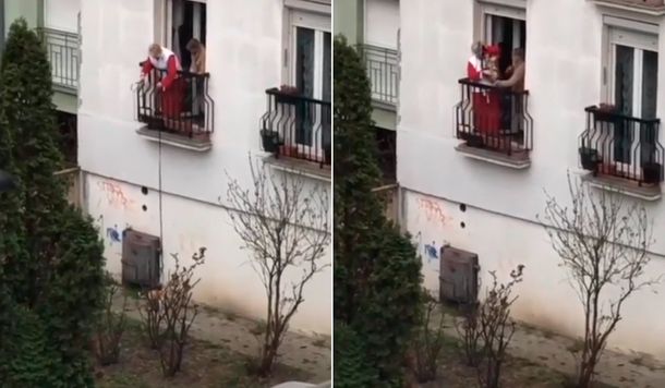 VIDEO: Por el aislamiento, abuelas pasean a su perro desde el balcón