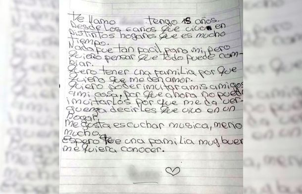 La conmovedora carta de una adolescente que pide ser adoptada