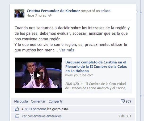 Cristina Kirchner, en Facebook: Debemos agregar valor a nuestras materias primas
