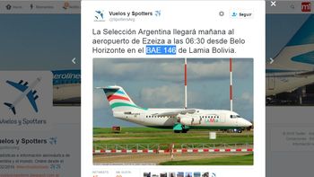 En Twitter anunciaban que la Selección argentina llegaba a Colombia en el avión de la tragedia En Twitter anunciaban que la Selección argentina llegaba a Colombia en el avión de la tragedia