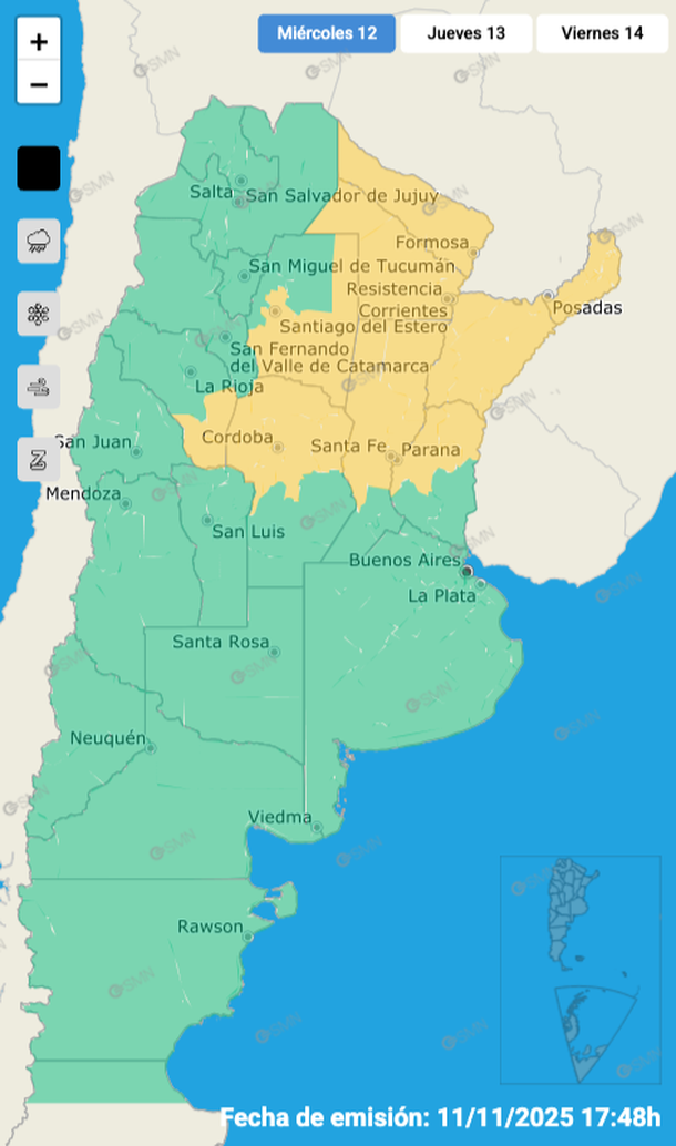 Rige un nuevo alerta por tormentas fuertes y granizo para varias zonas del pa&iacute;s. Fuente: Servicio Meteorol&oacute;gico Nacional.