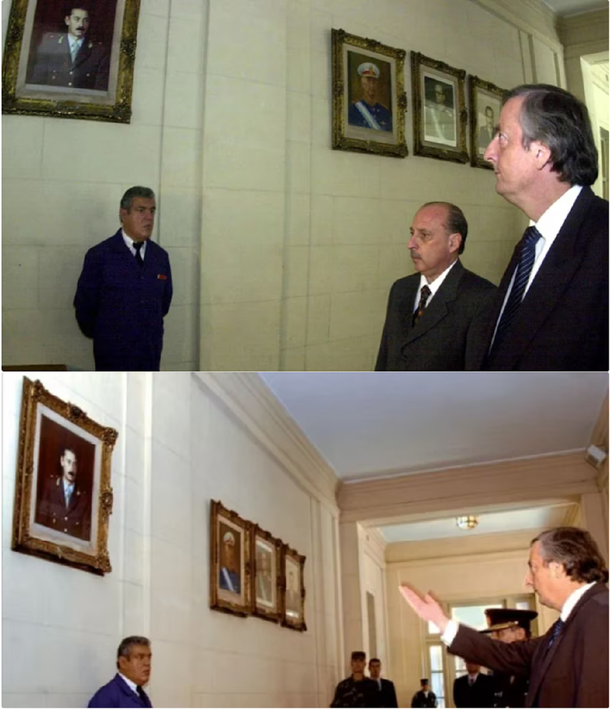 El 24 de marzo de 2004, el presidente Néstor Kirchner hace bajar los cuadros de los genocidas  del Colegio Militar (Ex-ESMA).