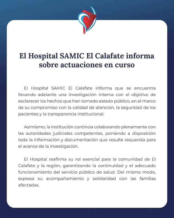 El comunicado emitido por el Hospital SAMIC de El Calafate. El comunicado emitido por el Hospital SAMIC de El Calafate.