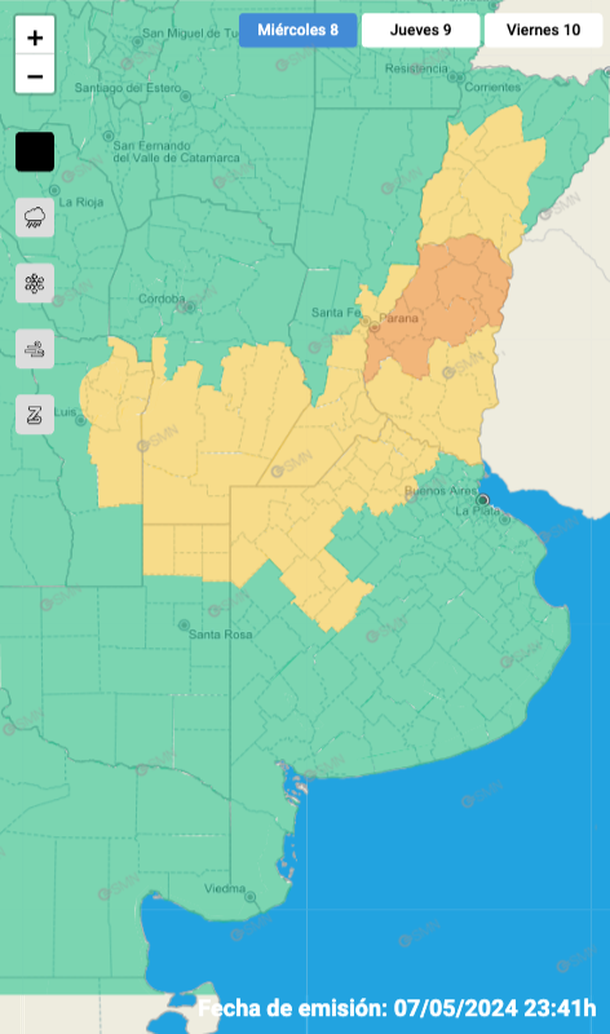 Alerta por tormentas y granizo este miércoles en Buenos Aires y otras seis provincias. Fuente: Servicio Meteorológico Nacional. Alerta por tormentas y granizo este miércoles en Buenos Aires y otras seis provincias. Fuente: Servicio Meteorológico Nacional. 