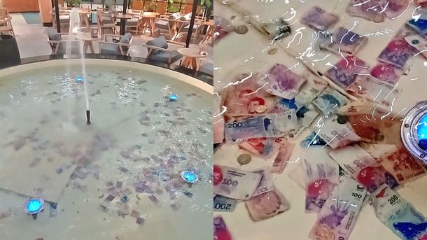 Increíble imagen viral en Rosario: tiran billetes a una fuente por la inflación