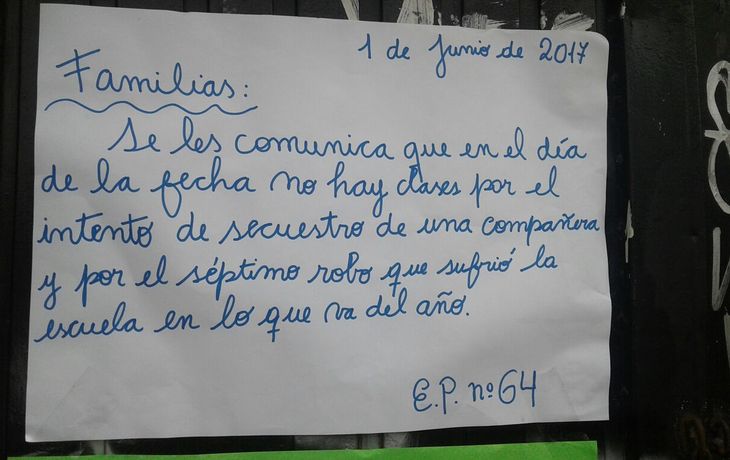 El colegio decidió suspender las clases por los reiterados hechos de inseguridad