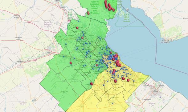 En azul figuran los cortes de luz de baja tensión y en rojo, los de media tensión En azul figuran los cortes de luz de baja tensión y en rojo, los de media tensión