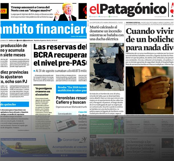 Tapas de diarios del lunes 4 de septiembre de 2017