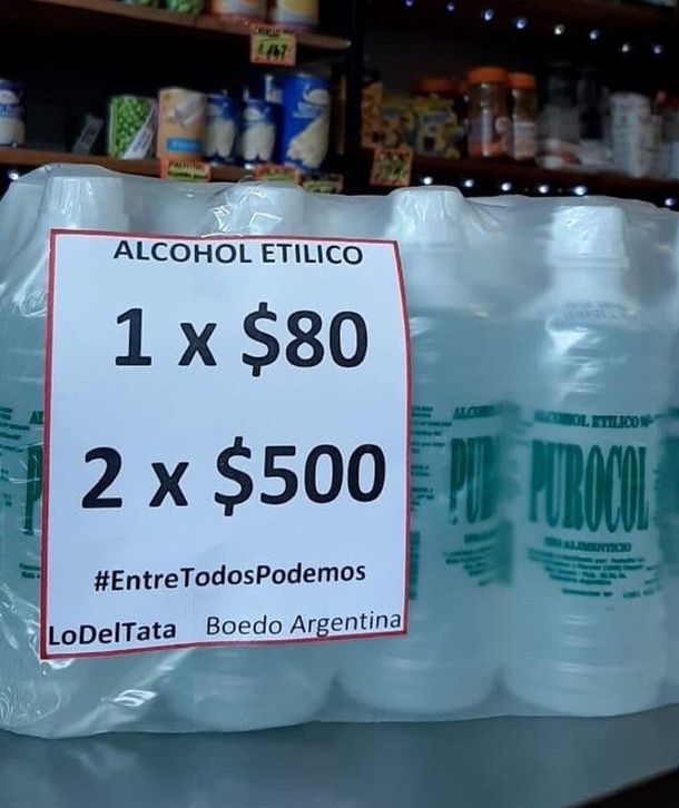 Alcohol et&iacute;lico a precio razonable por el coronavirus - Cr&eacute;dito:&nbsp;@romanperroni