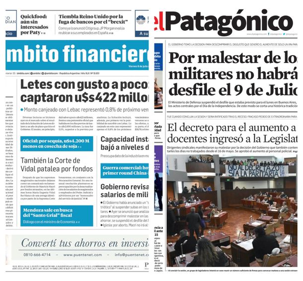 Tapas de diarios del viernes 6 de julio de 2018