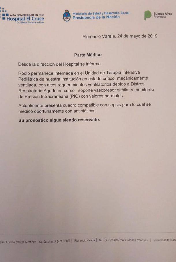 Nuevo parte médico de Rocío Guagliarello, la única sobreviviente de la persecución de San Miguel del Monte