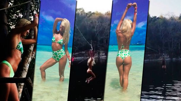 VIDEO: Cande Ruggeri también hizo tirolesa pero cayó de espaldas