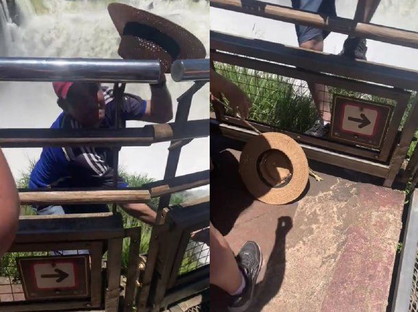 Al borde del abismo: un turista arriesgó su vida por recuperar un sombrero en Cataratas